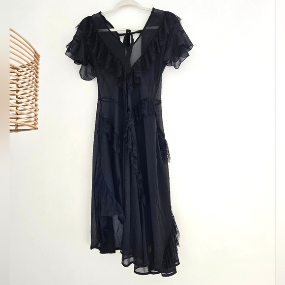 WIDOW Dolls Kill Black Gothic Layered Lace Asymmetric V-Neck Puff Sleeve Dress - Picture 1 of 9